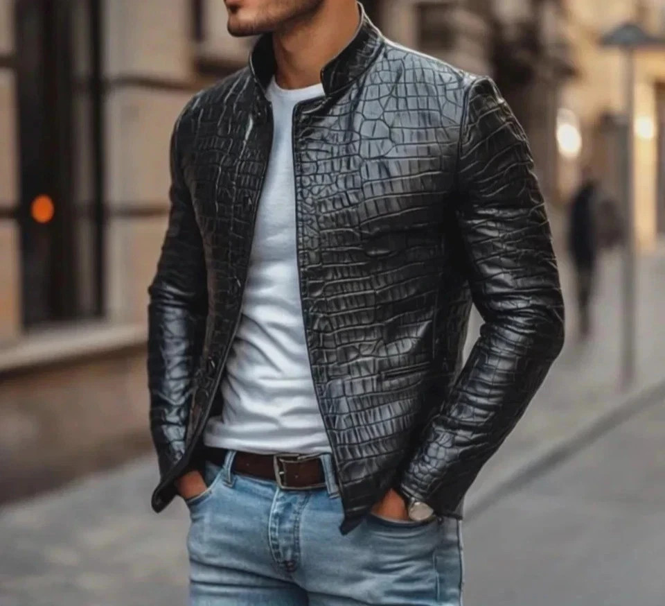 Men’s Designer Black Crocodile Embossed 100% Real Leather Luxury Jacket Coat NEW