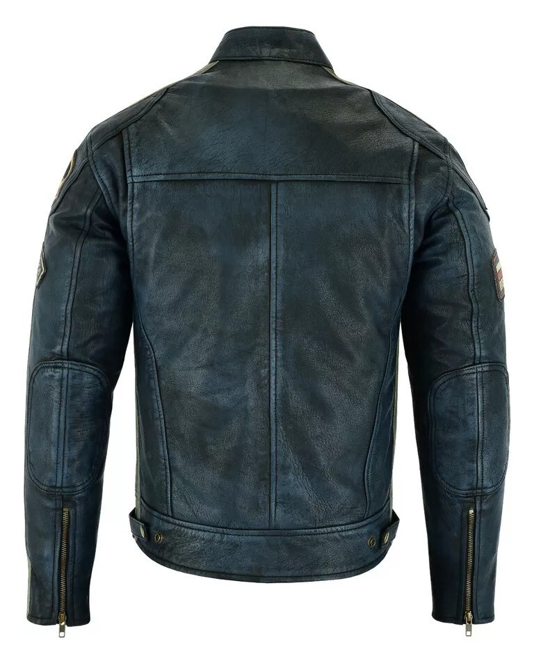 Mens British Motorcycle Black Wax Leather Badges Jacket Biker Tan Green Striped