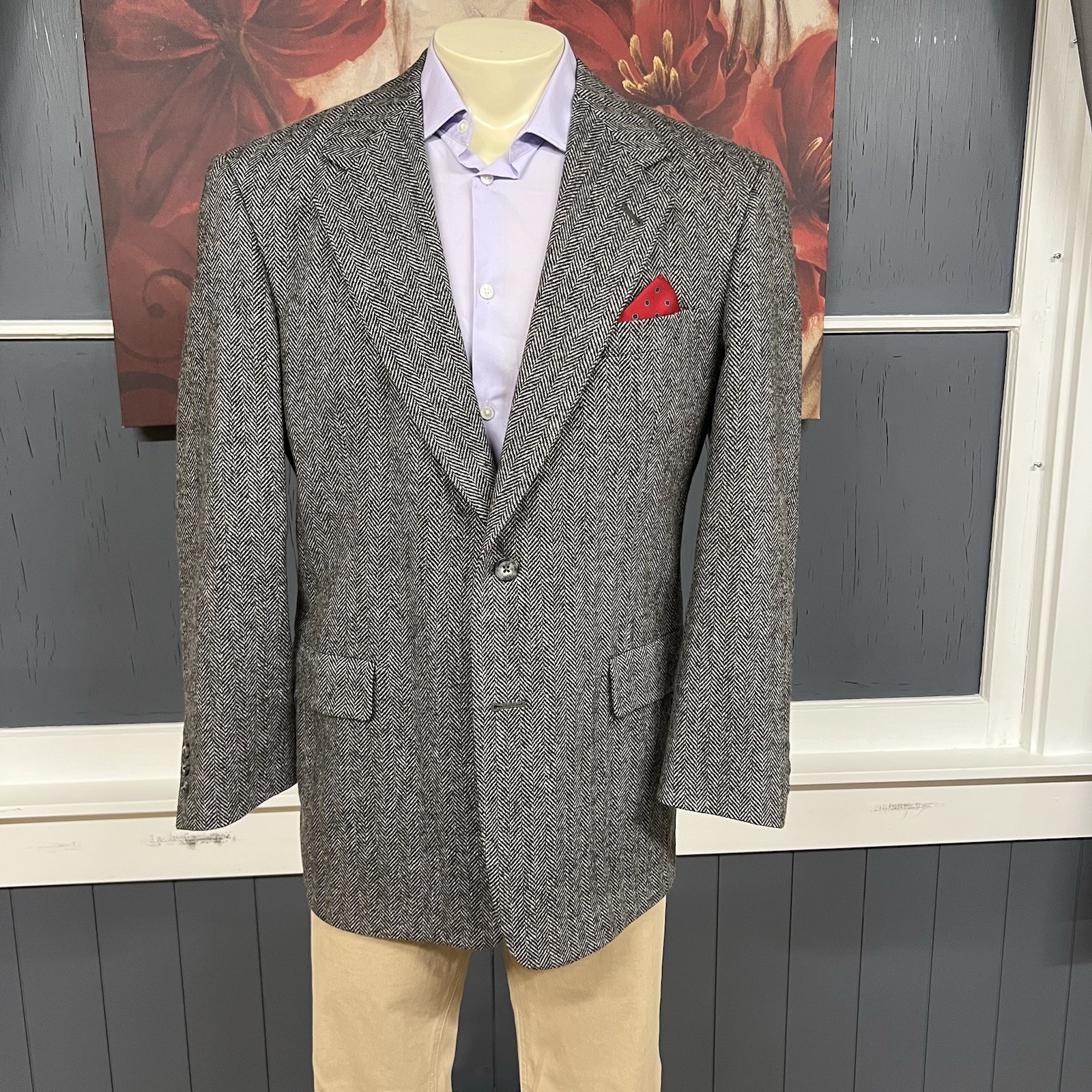 VTG Hart Schaffner Marx Tweed Blazer Sport Coat Mens 40R Wool Herringbone Gray