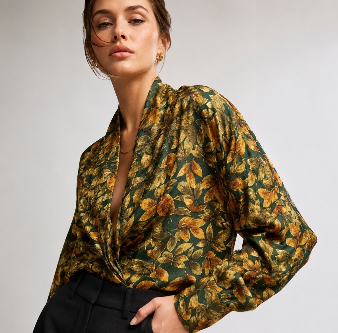 Quo 100% Silk Blazer Jacket Womens Large Boho Floral Leaf Print Lightweight