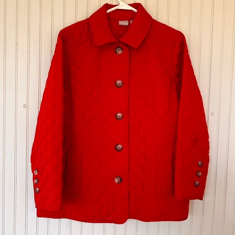 Chicos Red Quilted Jacket Womens Size 2 Large Button Front Diamond Coat Pocket