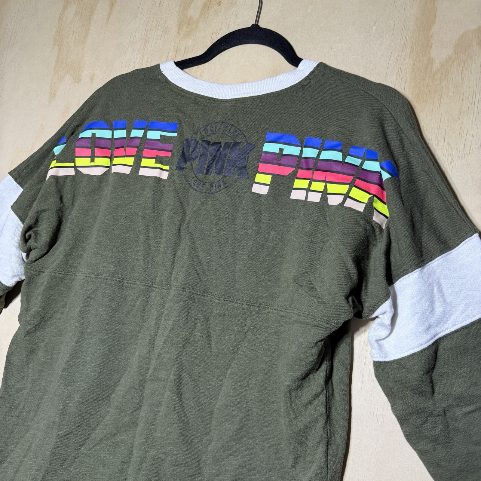 PINK Victoria’s Secret Olive Green Long Sleeve V Neck Top Rainbow Logo S