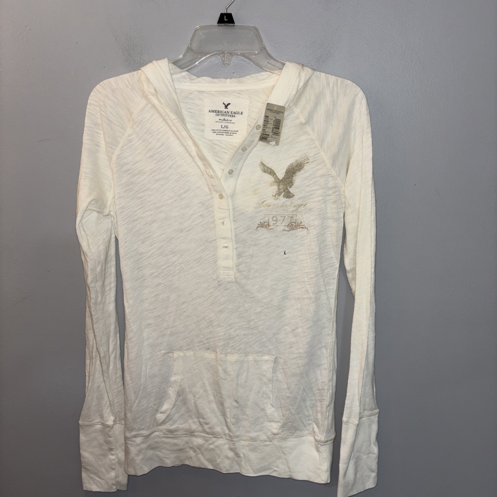 American Eagle Hooded Henley Top Long Sleeve Logo Kangaroo Pocket Size L NWT