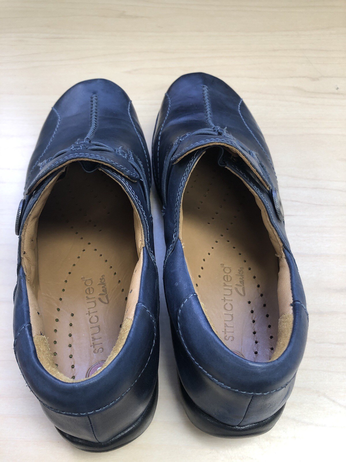 Clarks Structured Un Loop Dark Marine Blue Leather Flat Slip-On Shoes 9.5M