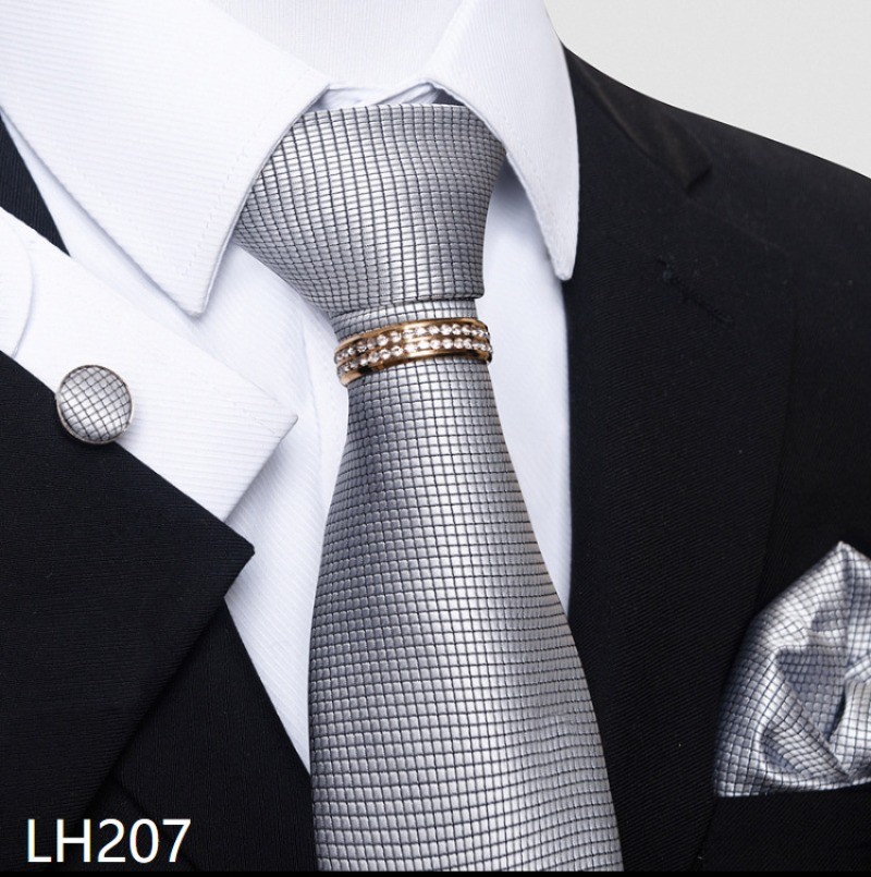 Boxed 8cm Men’s Necktie Gold Ring Luxury Hanky Cufflinlks Tie Set Pure Plaid