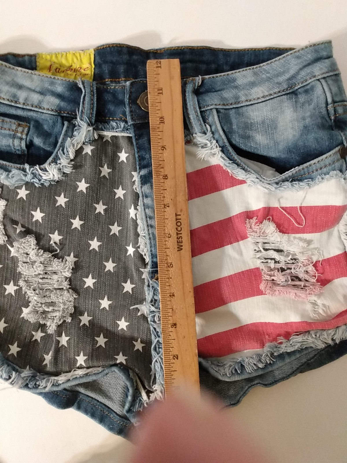 Machine Jeans Women’s Shorts waist measures 28 in. Distressed Flag, tag size 30″