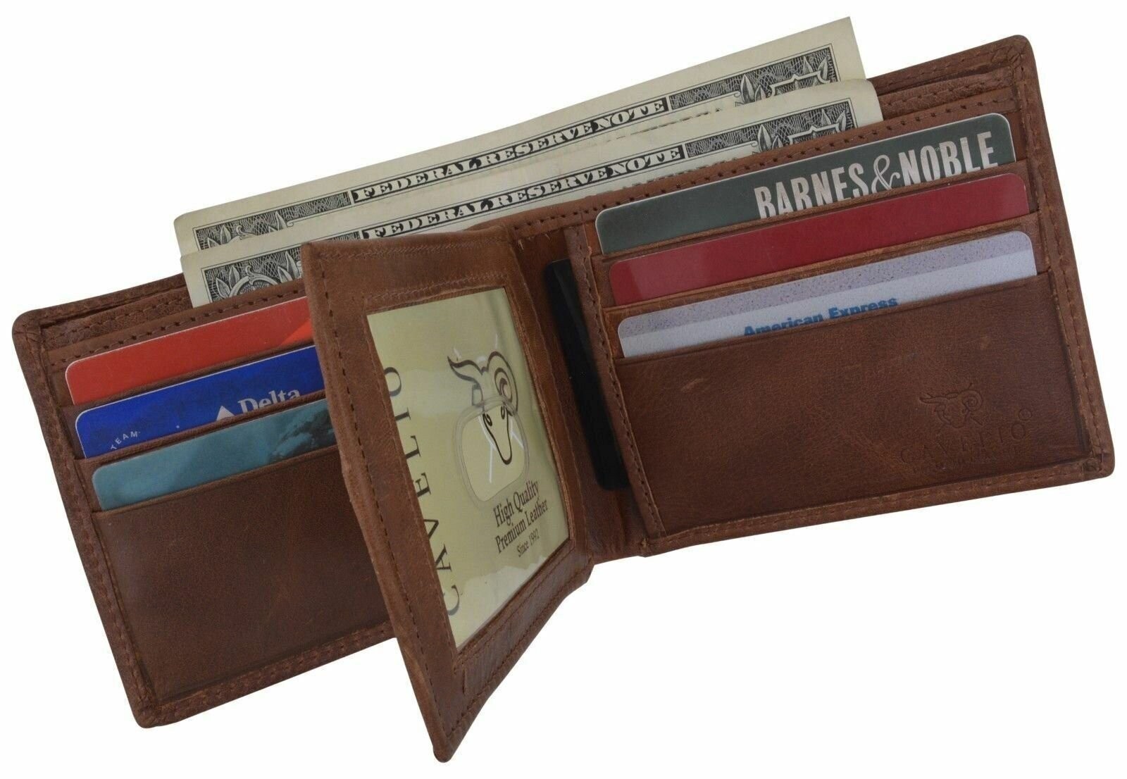 Premium Leather Mens Bifold Center Card ID Flap Tan Wallet Gift Box by Cavelio