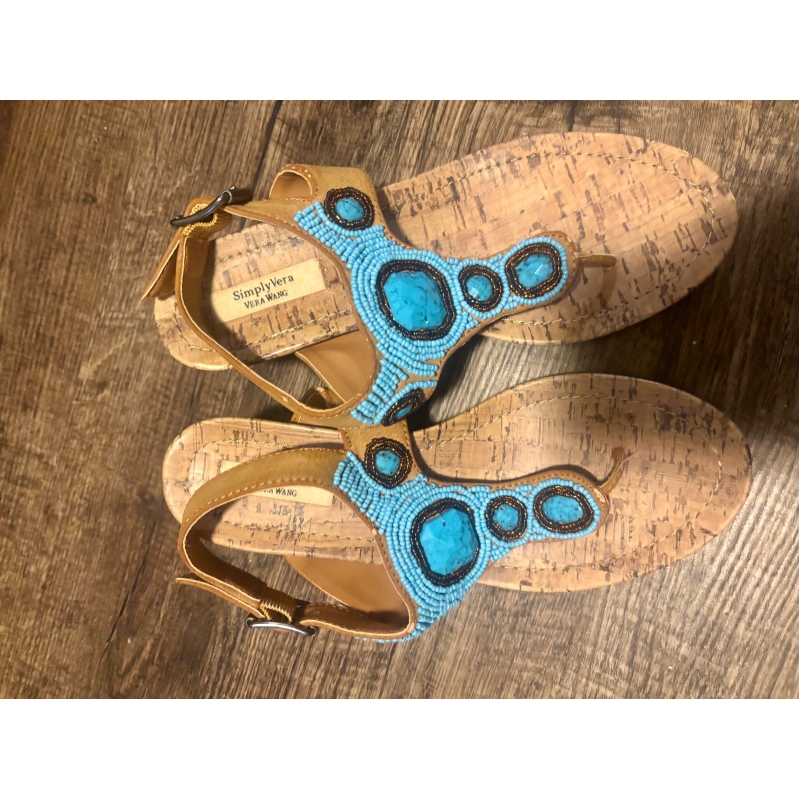 Simply Vera Vera Wang Turquoise Beaded Cork Wedge Sandals Womens Boho Thong Heel