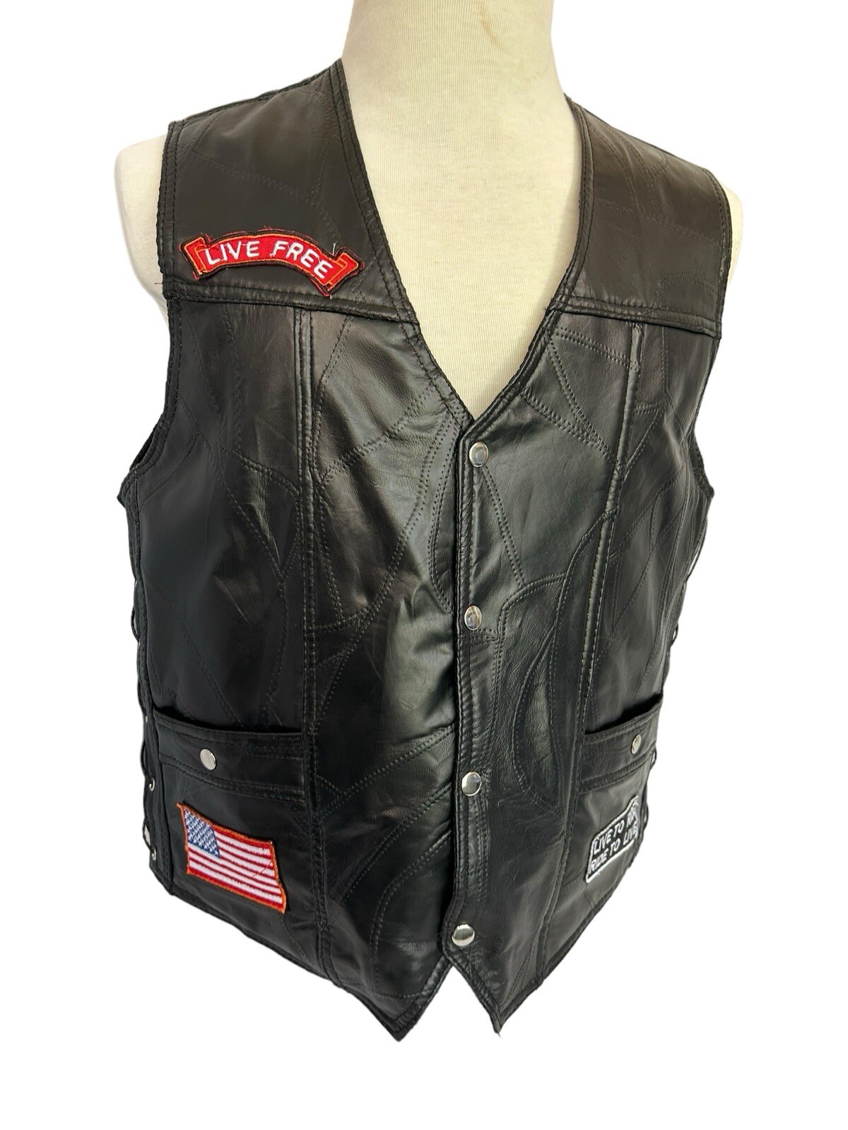 Leather Black Biker Vest XL Patches Caribou Creek, Route 66 Lace Up & Snap Read