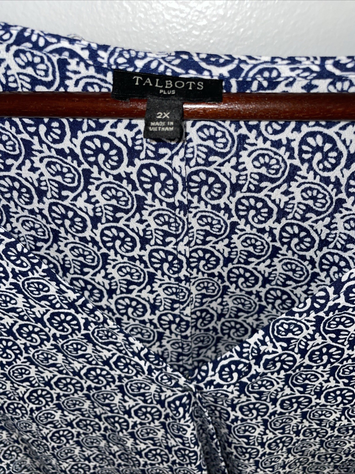 Talbots Faux Wrap Top Spot Print Long Sleeve Blouse Blue White Plus 2x