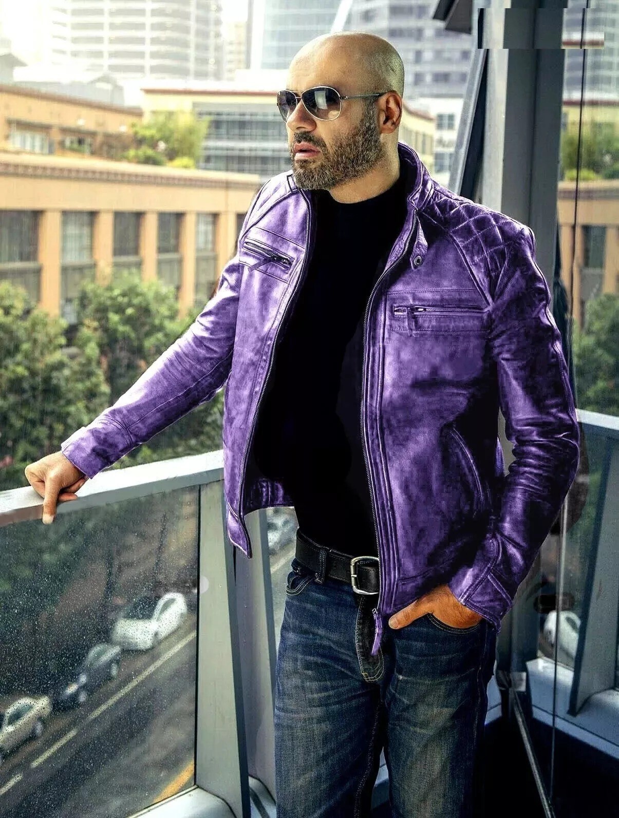 Men’s Cafe Racer Classic Diamond Purple Motorcycle Bomber Biker Leather Jacket