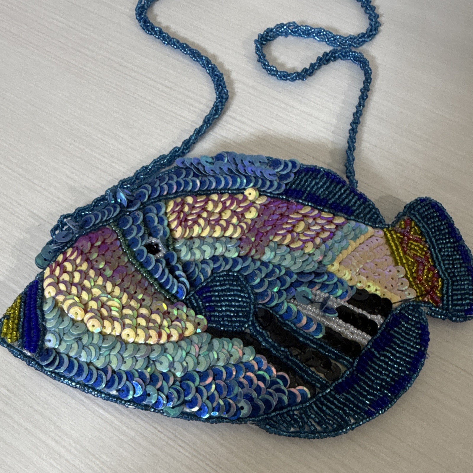 Maxi By Design Blue Multicolor Fish Crossbody Bag Beaded Sequin Zip Lined