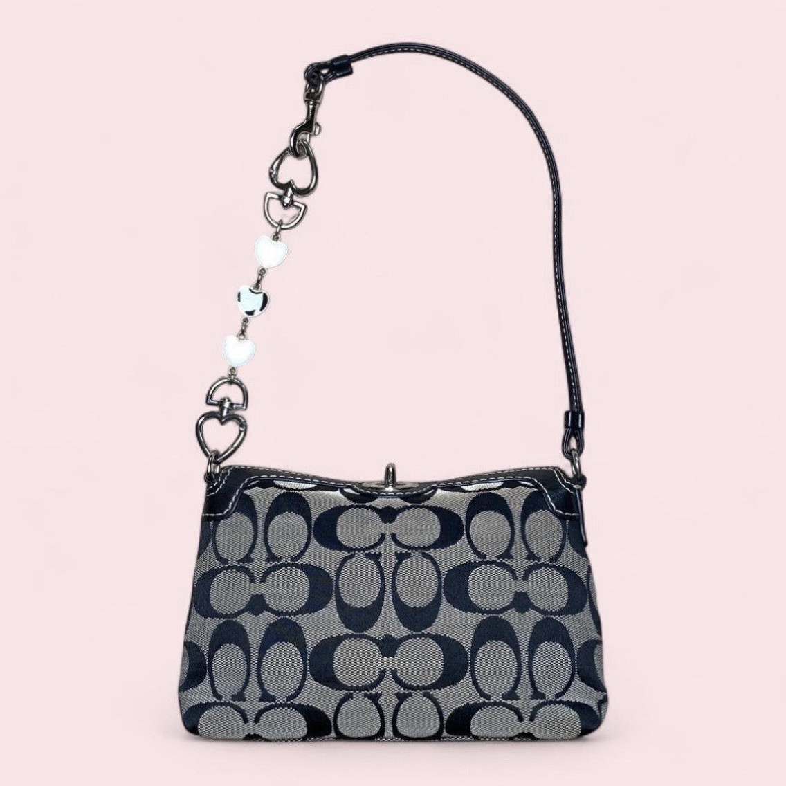 Coach Signature Logo Small Zip Shoulder Bag Blue/Gray w/ Detachable Strap