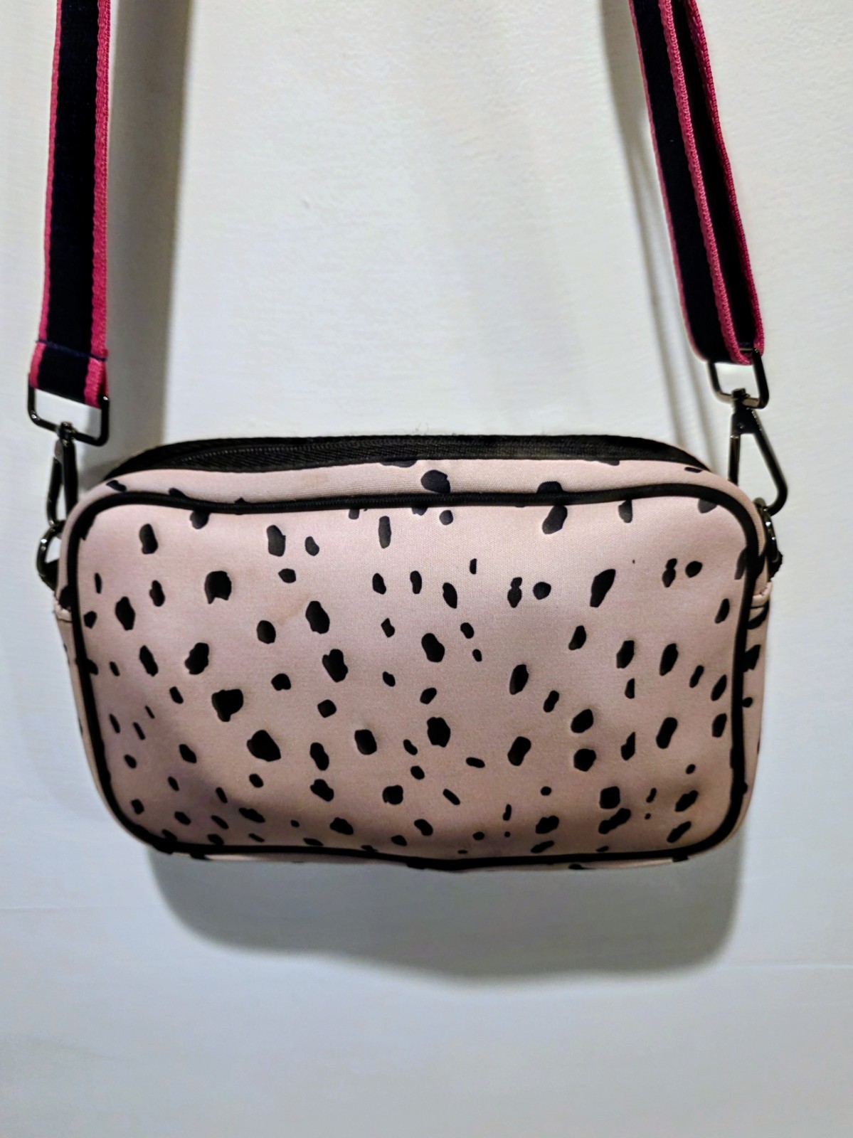 Women’s Small Crossbody Bag Animal Print Zip Closure Adjustable Strap Pink/Black