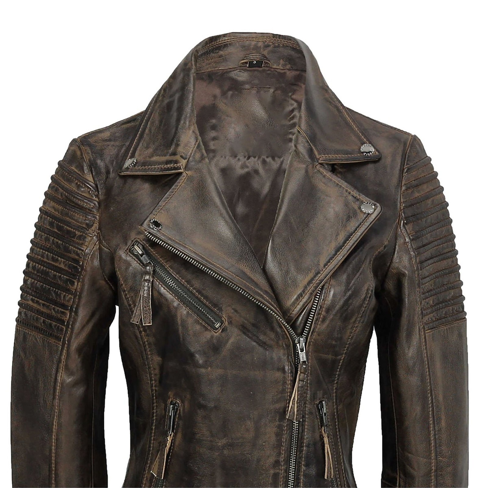 Women Real Leather Jacket Brown Distressed Biker Moto Ribbed Zip Motorcycle Coat