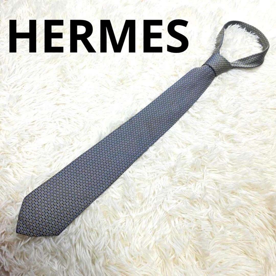 Classic HERMES Tie Navy H Pattern Logo Silk 8cm Blade