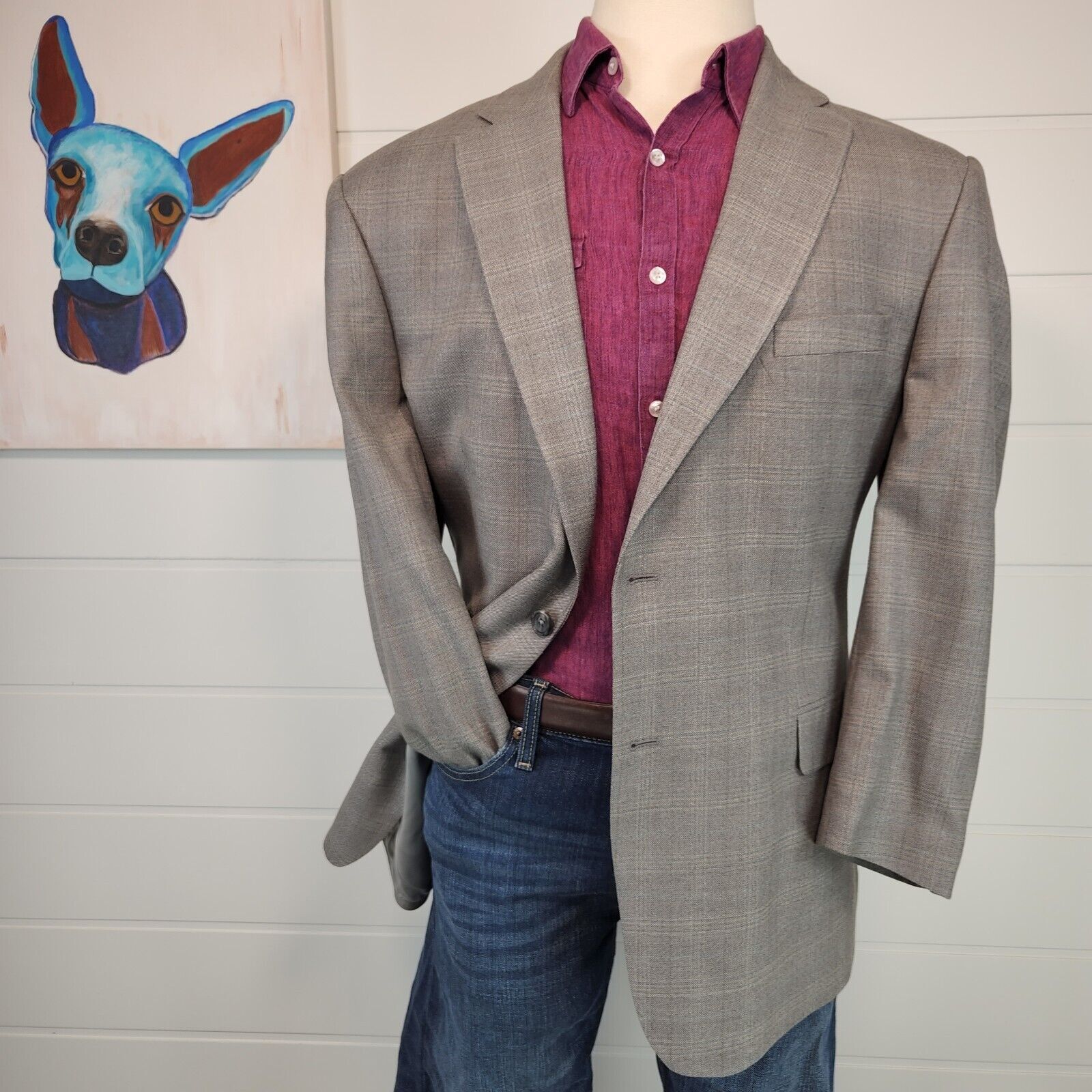 Jos A Bank Mens Two Button Blazer Signature Coll Grey Glen Check Silk Blend 46R