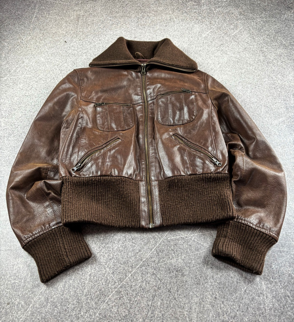 Vintage Brown Leather Bomber Jacket Cropped Aviator Pilot Y2K Genuine Leather