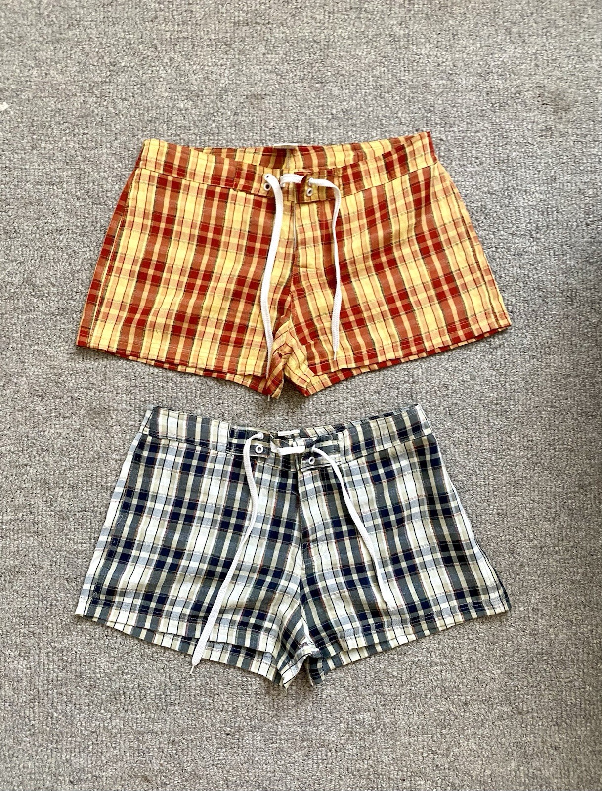 2x Checkered Mini Shorts Y2K Orange Blue UK 6 Tie Front Made in Italy