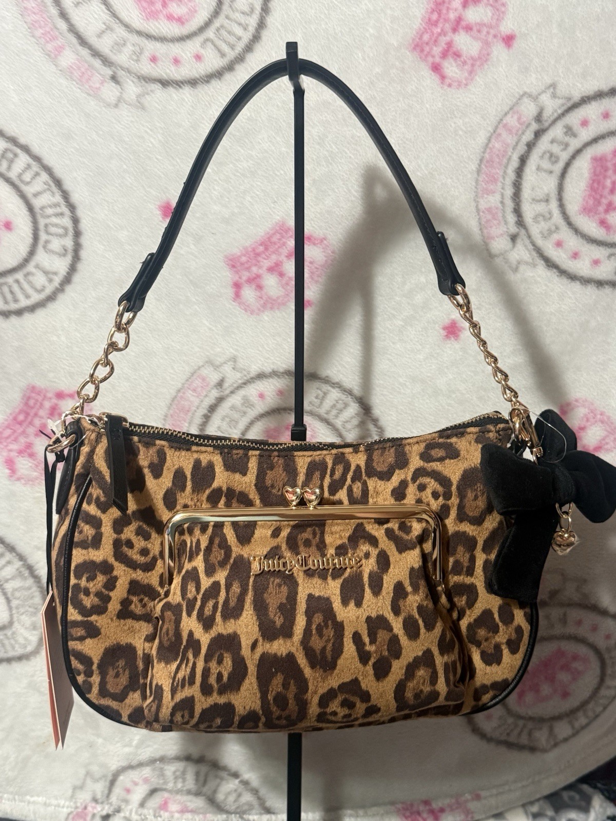 Juicy Couture Leopard Print Shoulder Bag Brown Black Bow Charm Zip Chain Pockets
