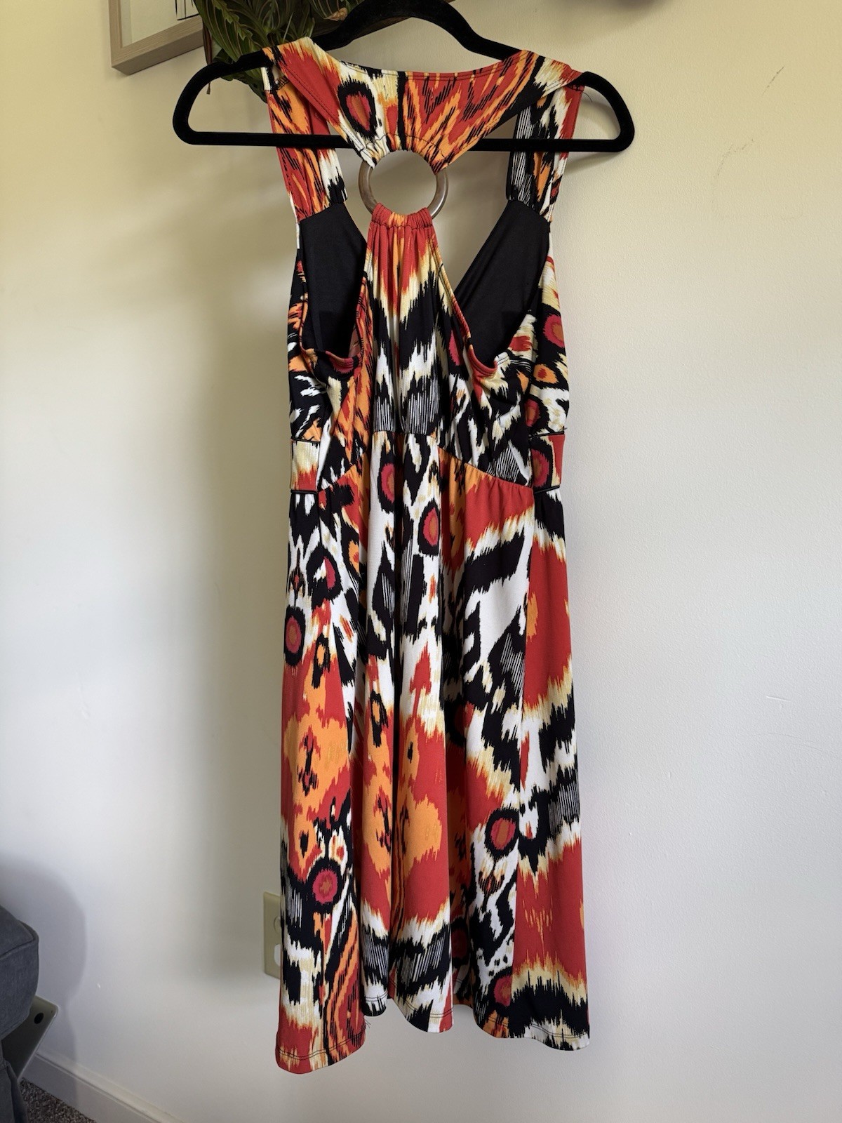 Cato Abstract Ikat Print Halter Dress Orange Yellow Black V-Neck O-Ring Back [M]