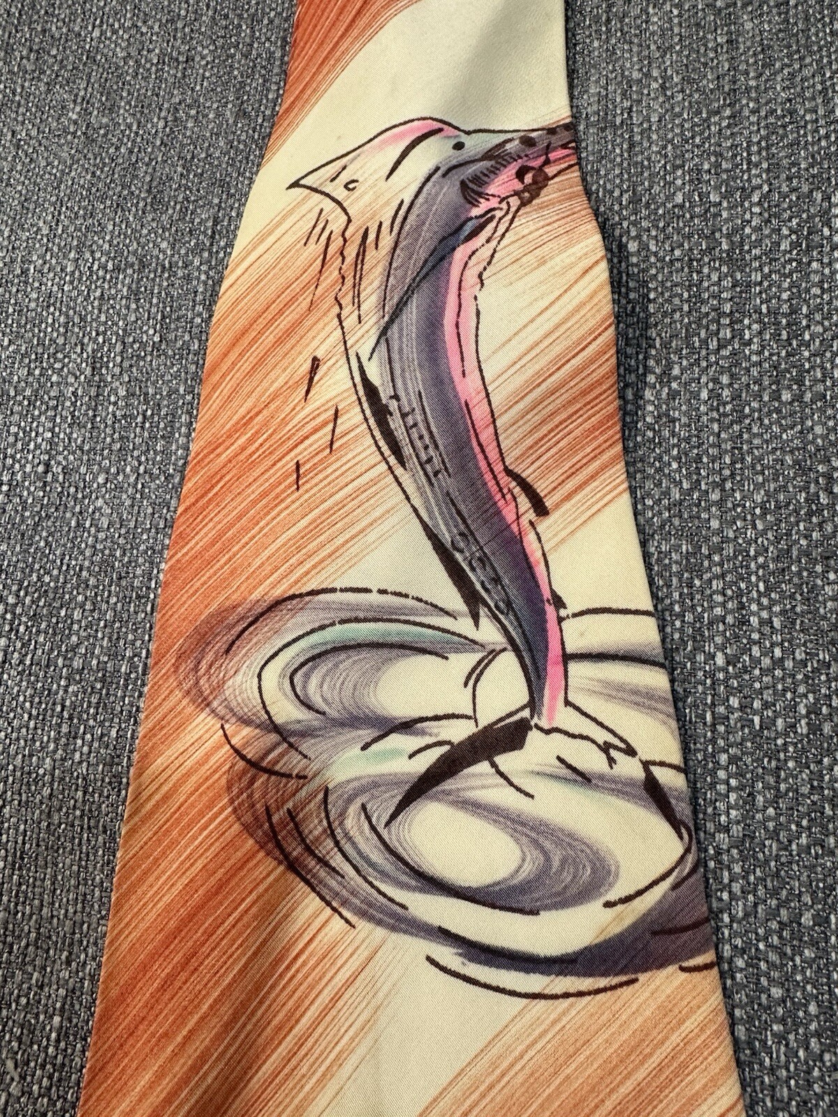 Vintage Tie Hand Painted Art Deco Brush Strokes Orange Fish Nautical Rockabilly