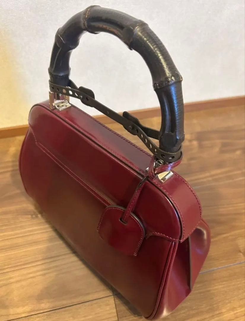 New GUCCI Bamboo Handbag Leather Bordeaux Wine Red Gift Present 0611b