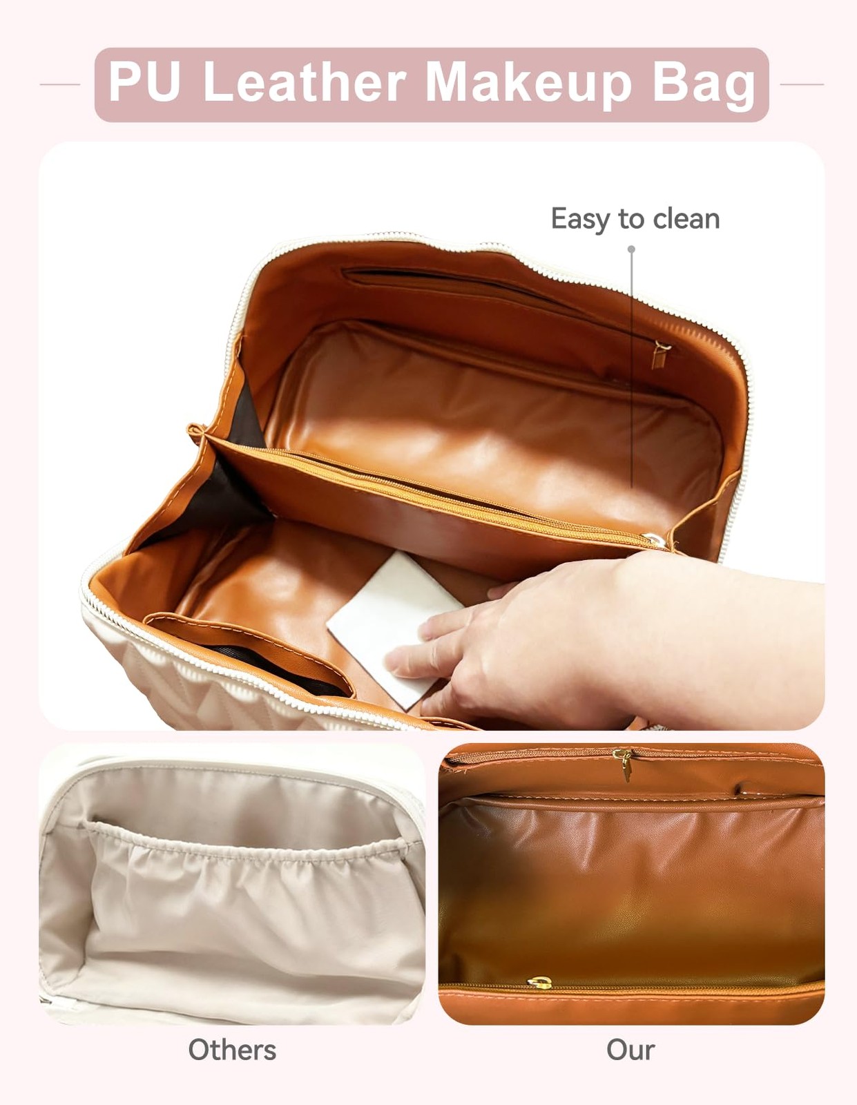 VIDIBESTY Travel Makeup Bag for Women, Large 9.8 x 4.7 x inches, Beige