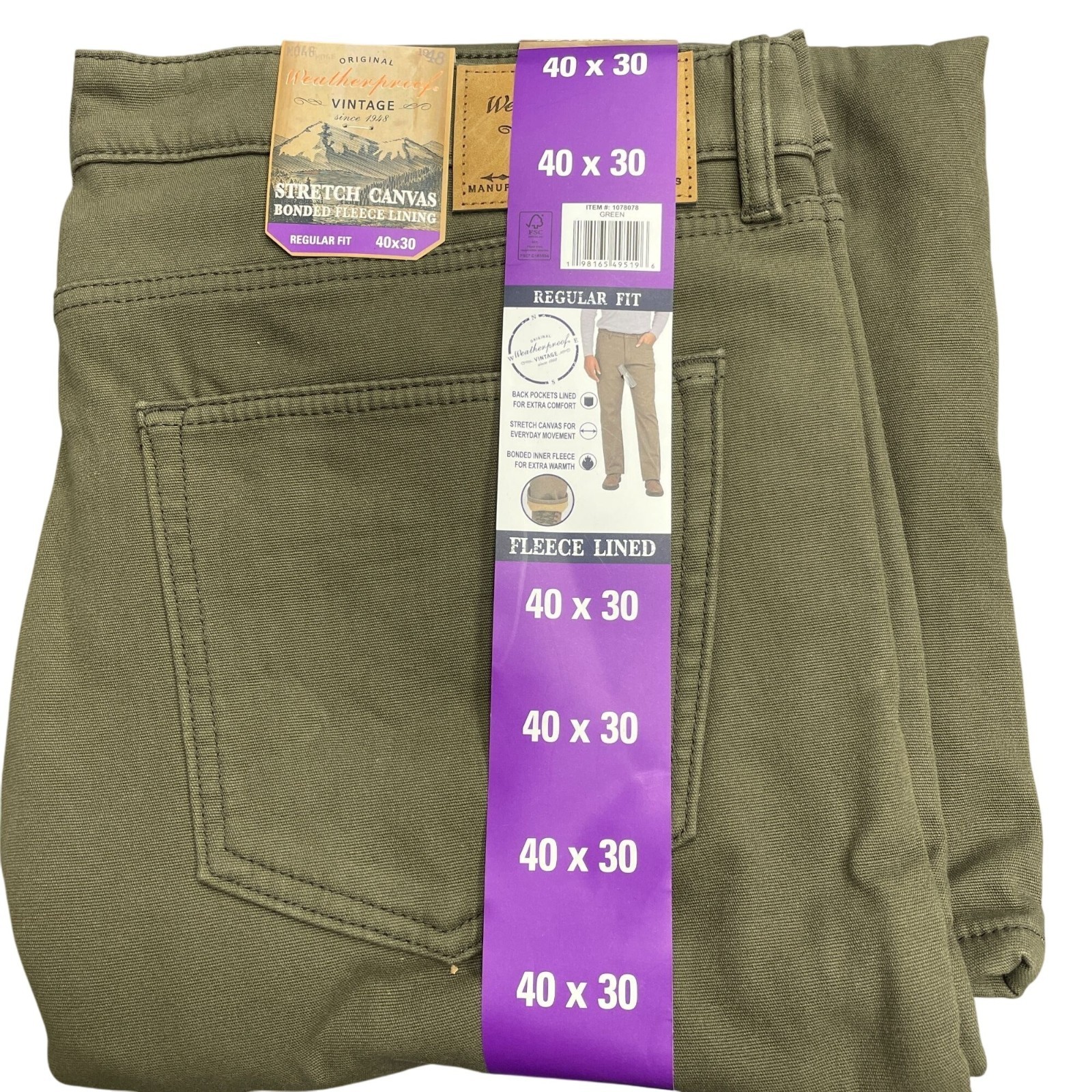 NEW Weatherproof Vintage Men’s 40×30 Regular Fit Green Stretch Canvas Workwear