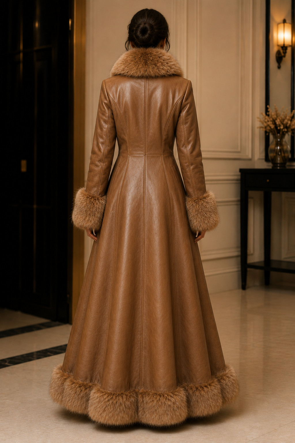 Womens Brown Leather Long Coat – Faux Fur Winter – Collar Trim Designer Overcoat