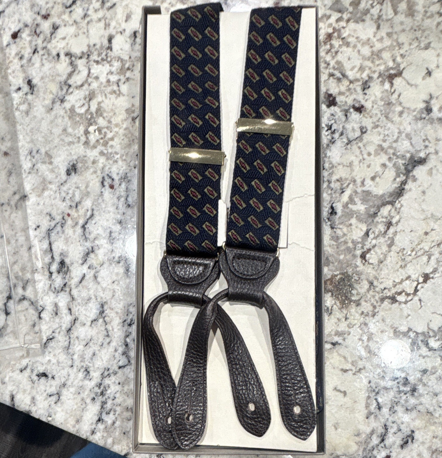 Men’s Geometric Button Suspenders Blue/Brown Adjustable Elastic Leather One Size