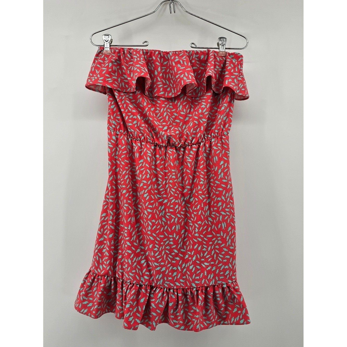 Britt Ryan Coastal Fish Print Strapless Ruffled Dress S