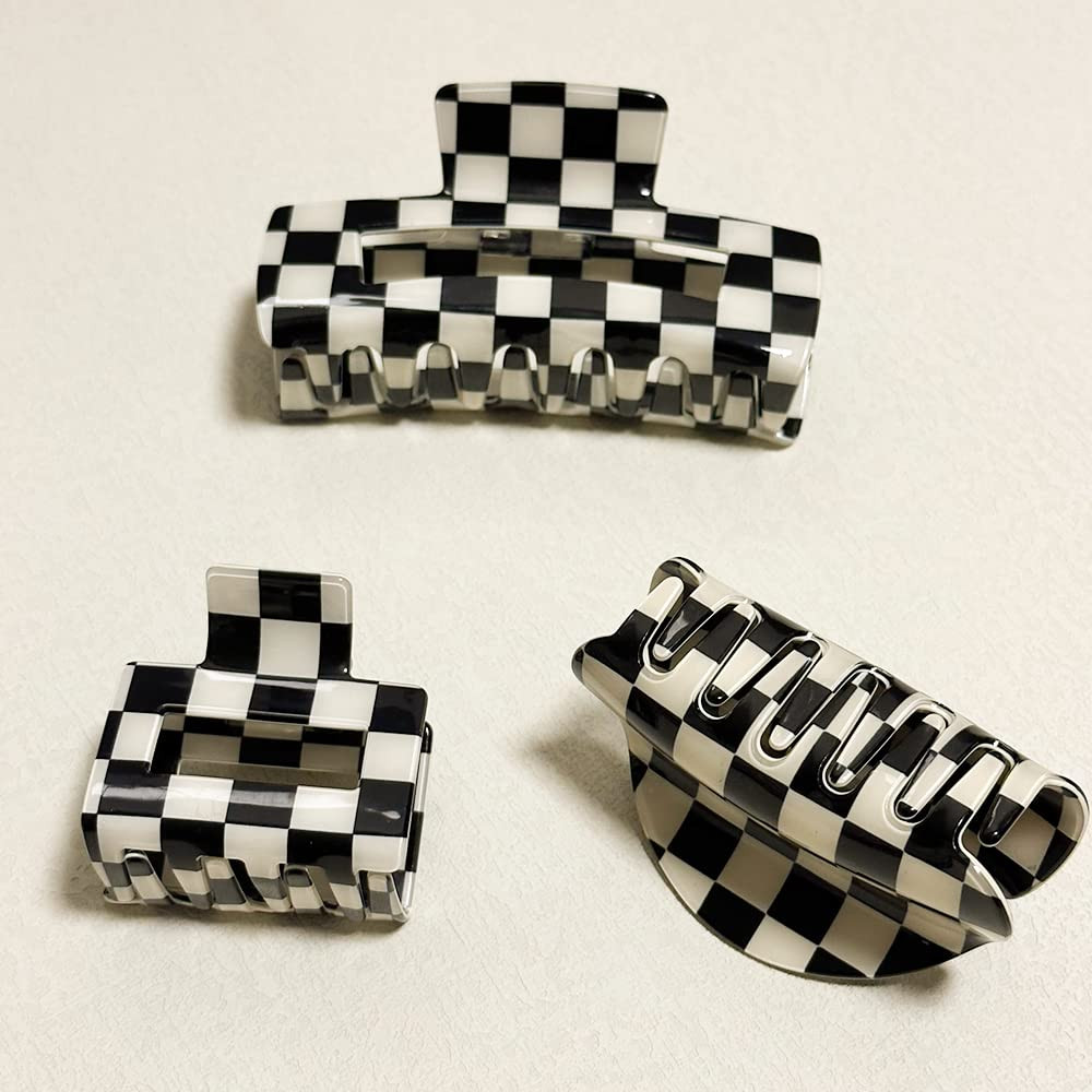 Vintage Checkered Y2K Hair Barrettes, Aesthetic 3Pcs Claw Clips for Women and Gi