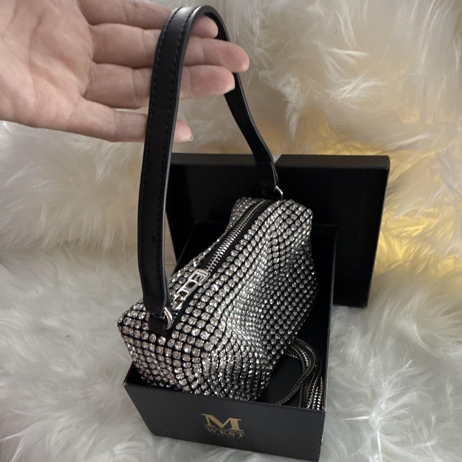 Madison Crystal Rhinestone Mesh Zip Clutch w/ Detachable Chain Strap, Small