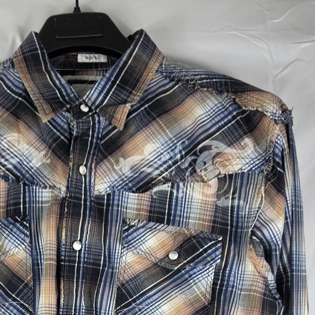 BKE Slim Fit Mens Western Snap Shirt XL Plaid Distressed Embroidered Blue Tan
