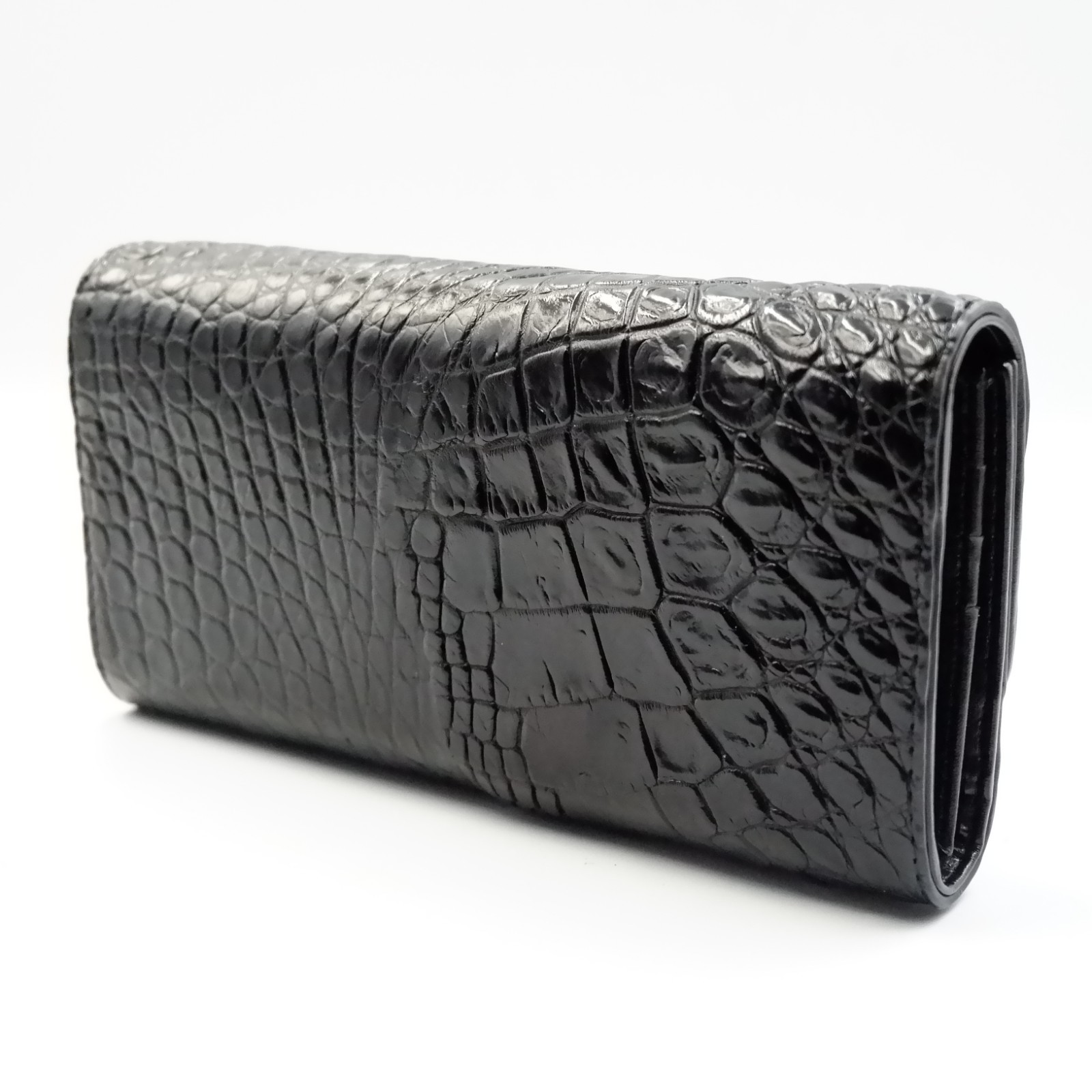 New Black Genuine Croc Leather BackBone Skin Women Tri-fold Clutch Wallet Purse.