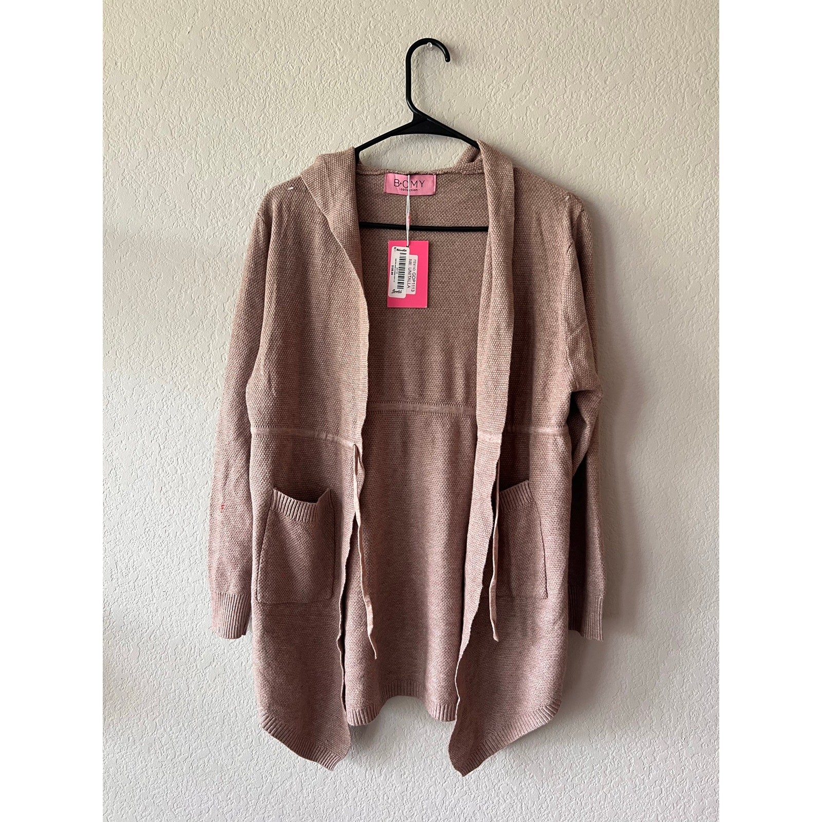 BOMY Textured Knit Hooded Cardigan Dusty Mauve Taupe Pink Longline NWT
