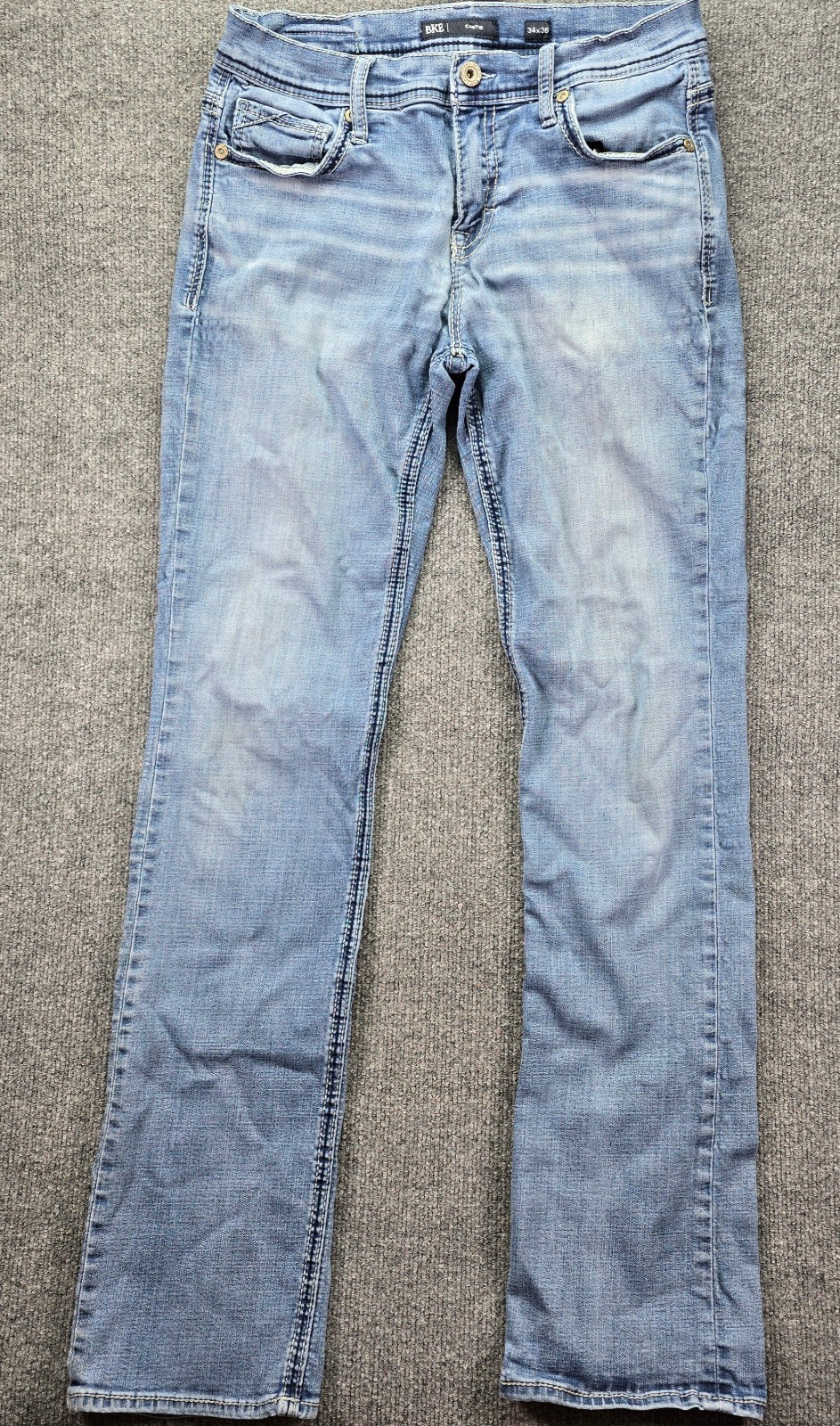 BKE Carter Jeans 34×36 (36×36) Blue Denim Fading Stretch Button Fly Bootcut Leg