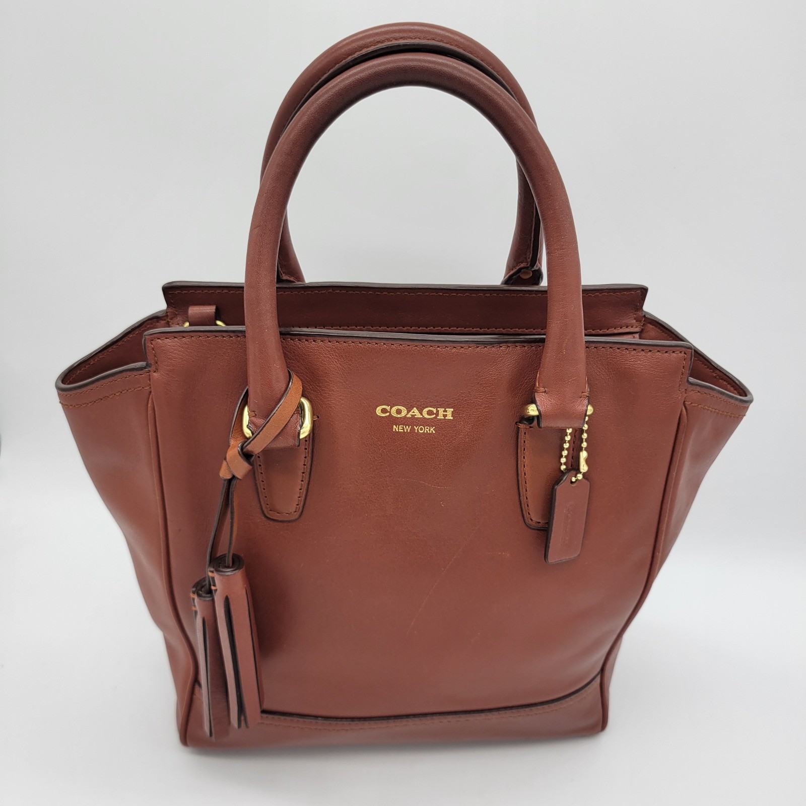 Coach Tanner Leather Satchel Handbag Saddle Brown Gold Hardware Tassel Pocket