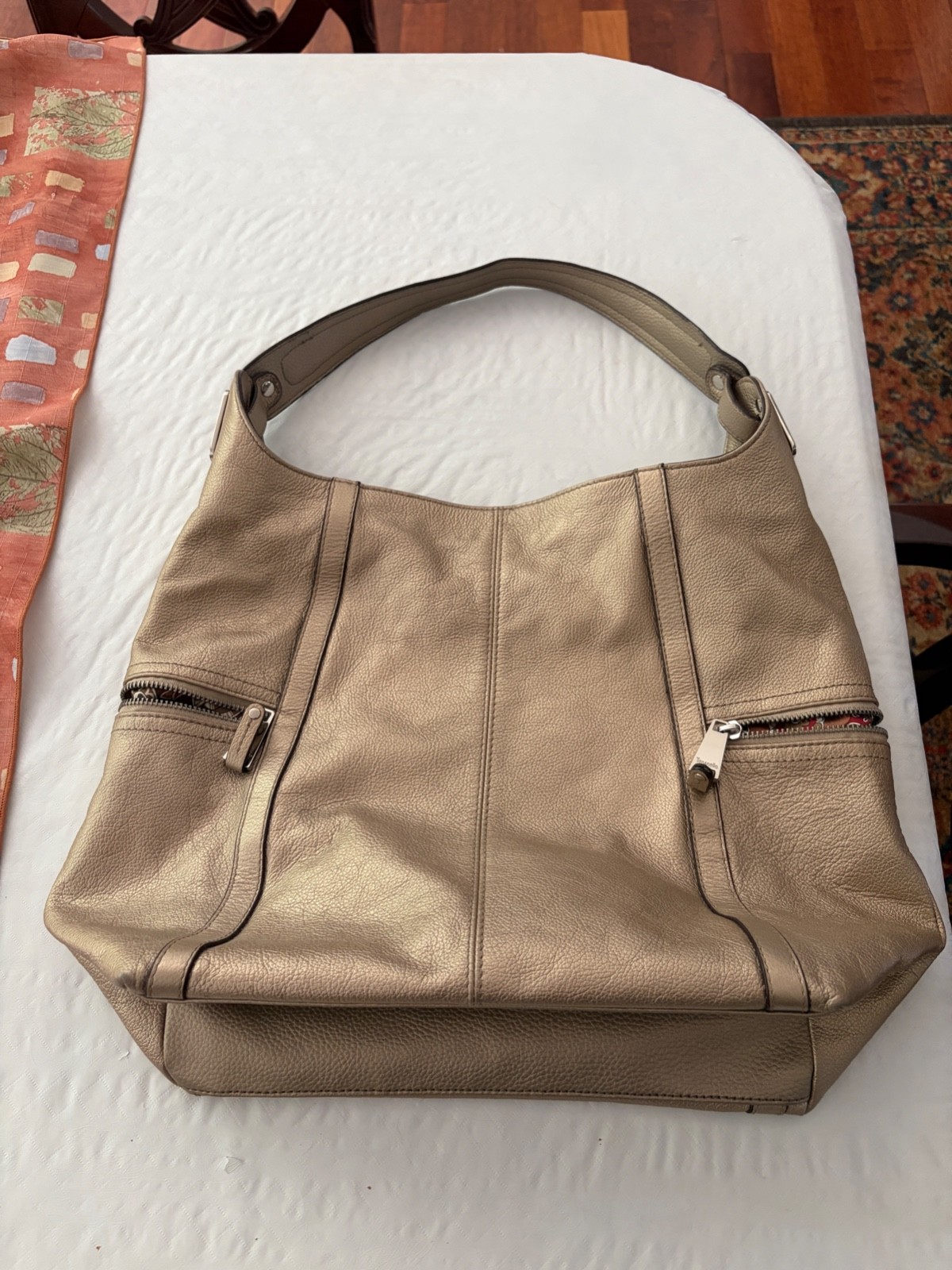 Tignanello Gold Pebbled Shoulder Bag Geometric Silver Hardware Inner Pockets