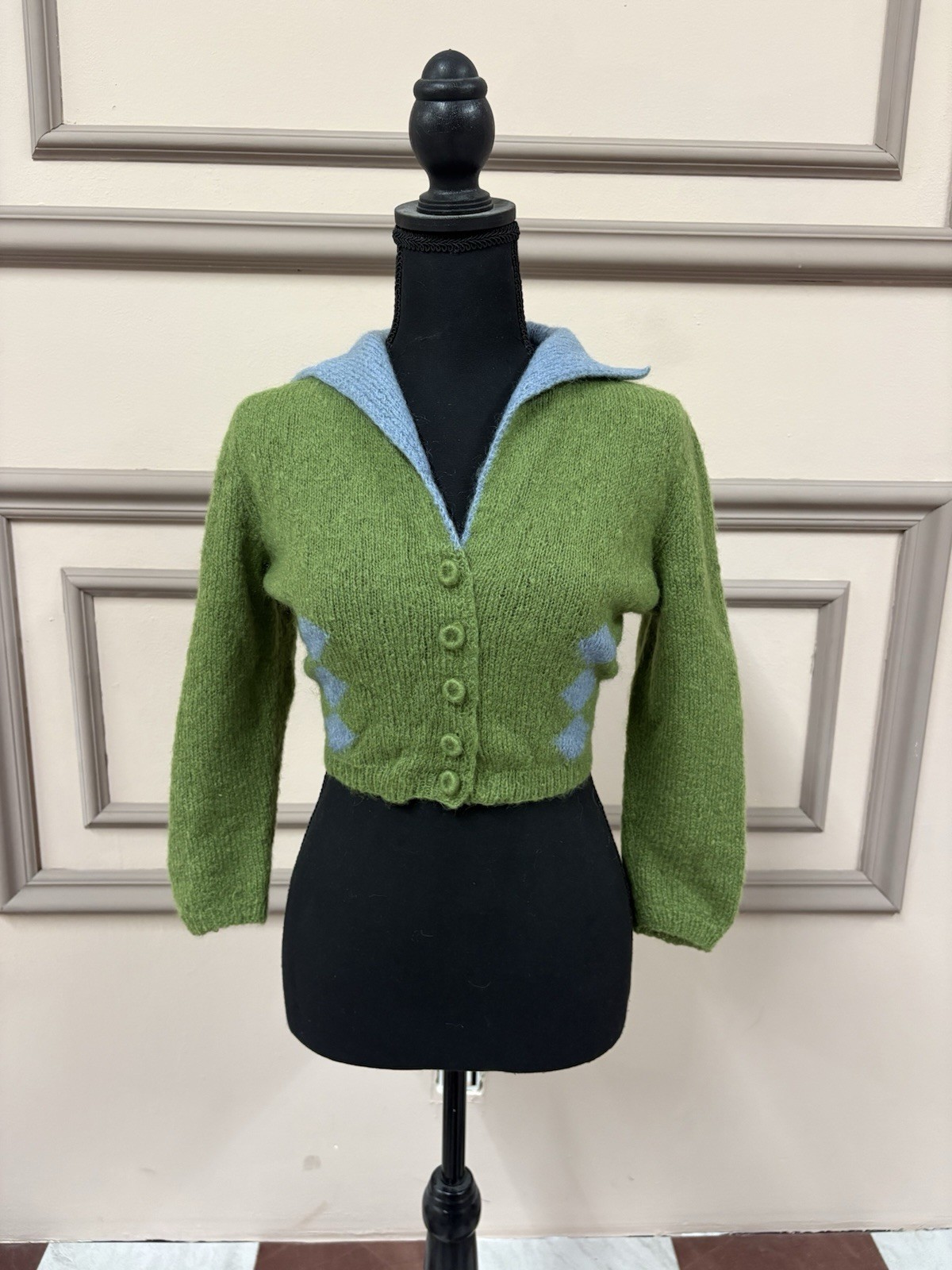 Vintage 50s 60s Bonnie Morse Wool Knit Argyle Cropped Collared Cardigan XS