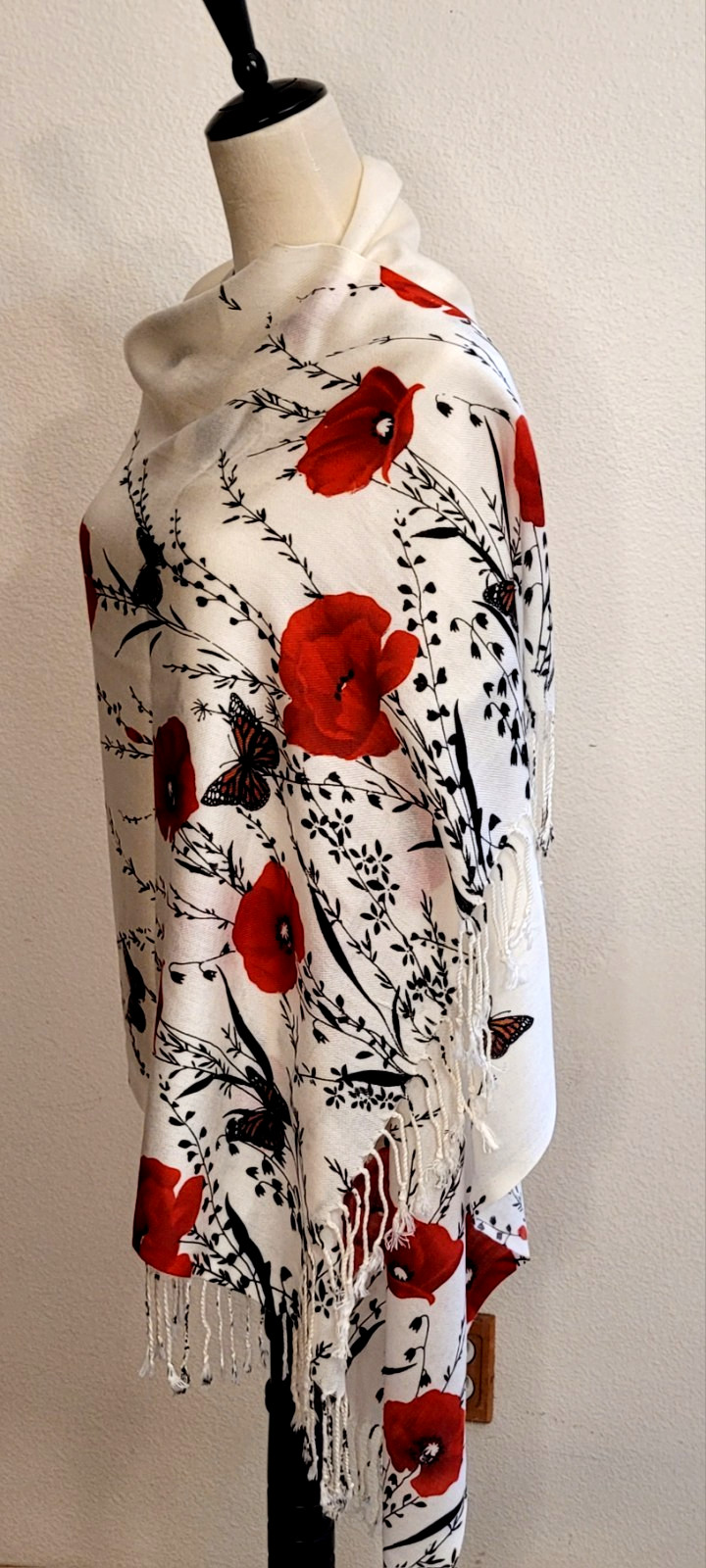 Butterfly/ Monarca/ Flowers/ Fringe/White & Red / Rojo Rebozo, Scarf, Wrap