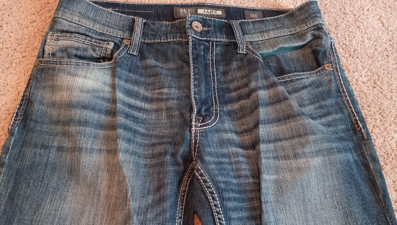 BKE Buckle BLUE Jeans Men 31L Jake Straight Leg Stretch Western Thick Stitch
