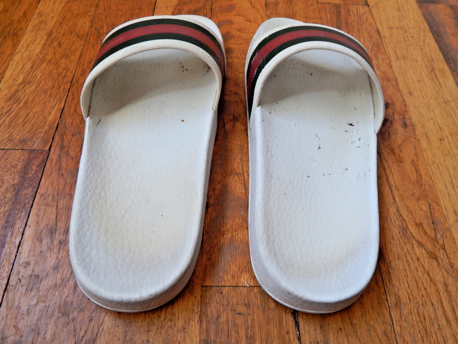 Gucci Men’s Pursuit 72 Web Stripe Slide Sandals White Made in Italy Mens 7.5