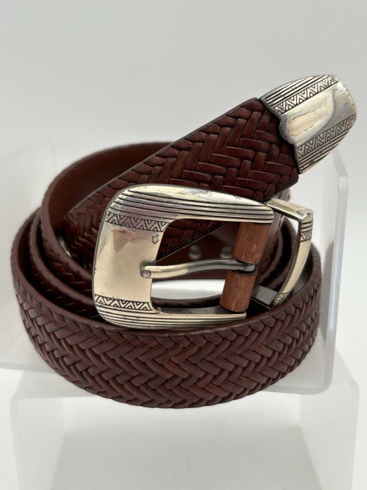 PING Collection Men’s Italian Leather Basketweave Belt Size 44 Western Buckle