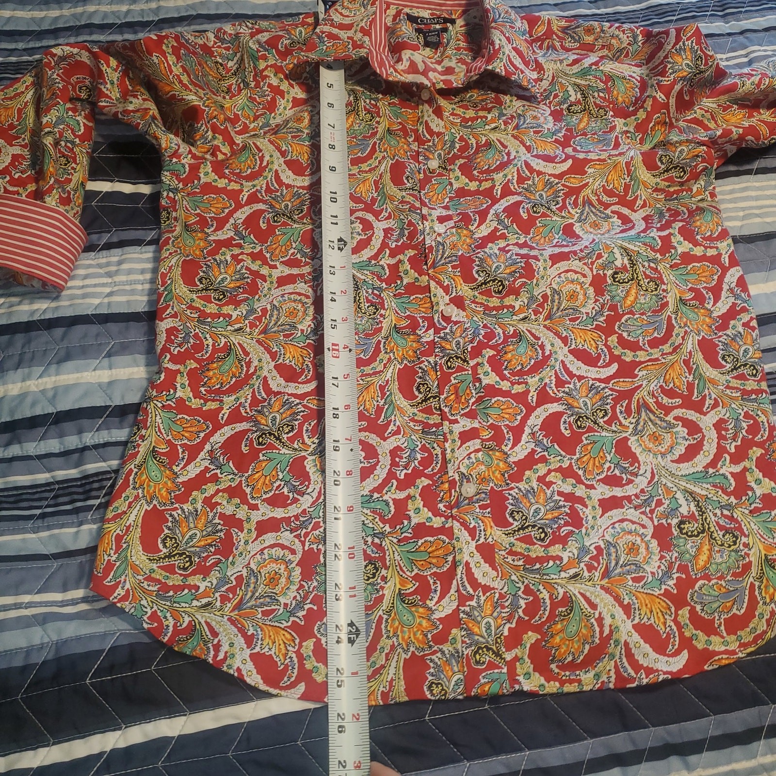 Chaps Petite M No Iron 100% Cotton Red Paisley Button Shirt Flip Stripe Cuff