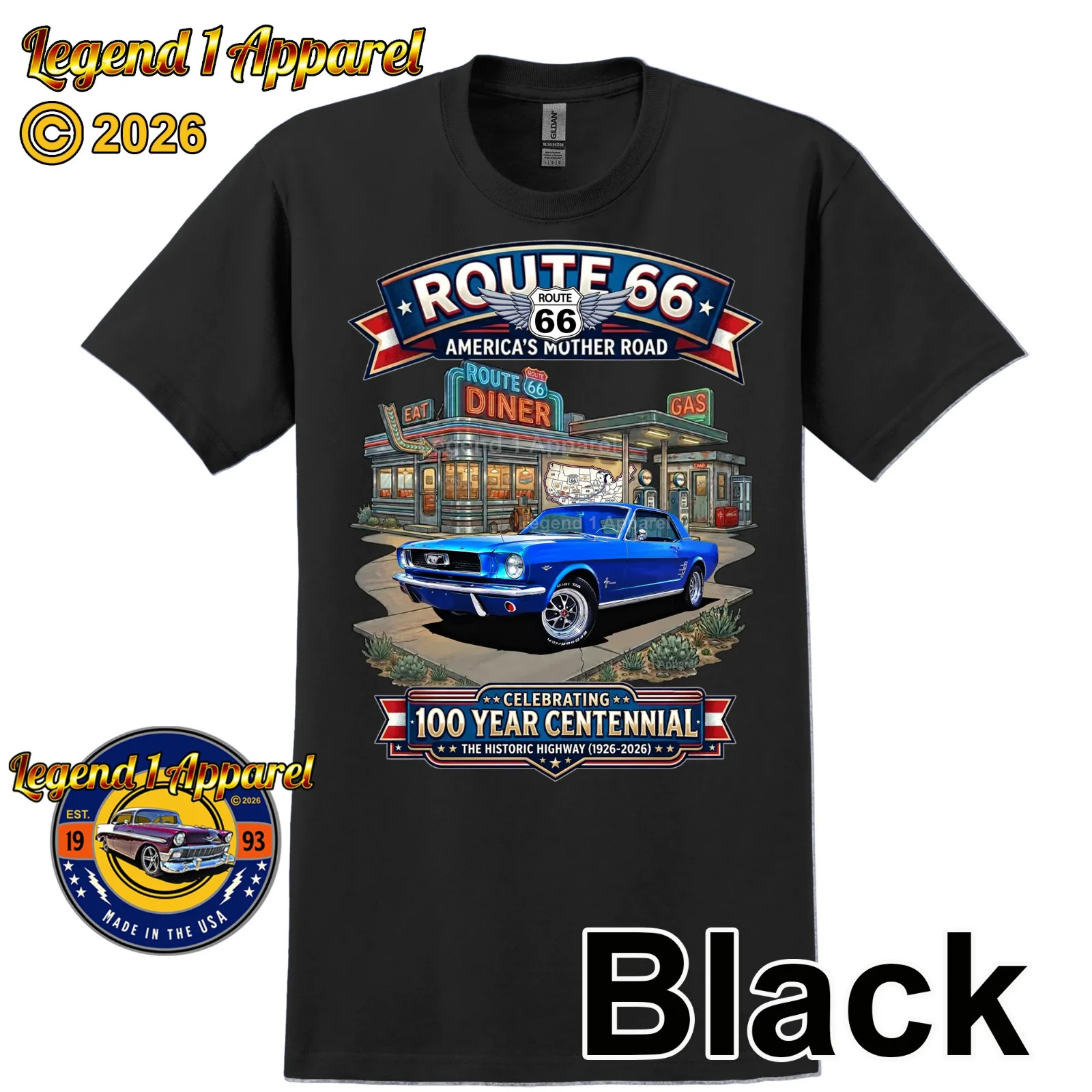Route 66 100 Year Centennial, 1966 Mustang Custom T-Shirt