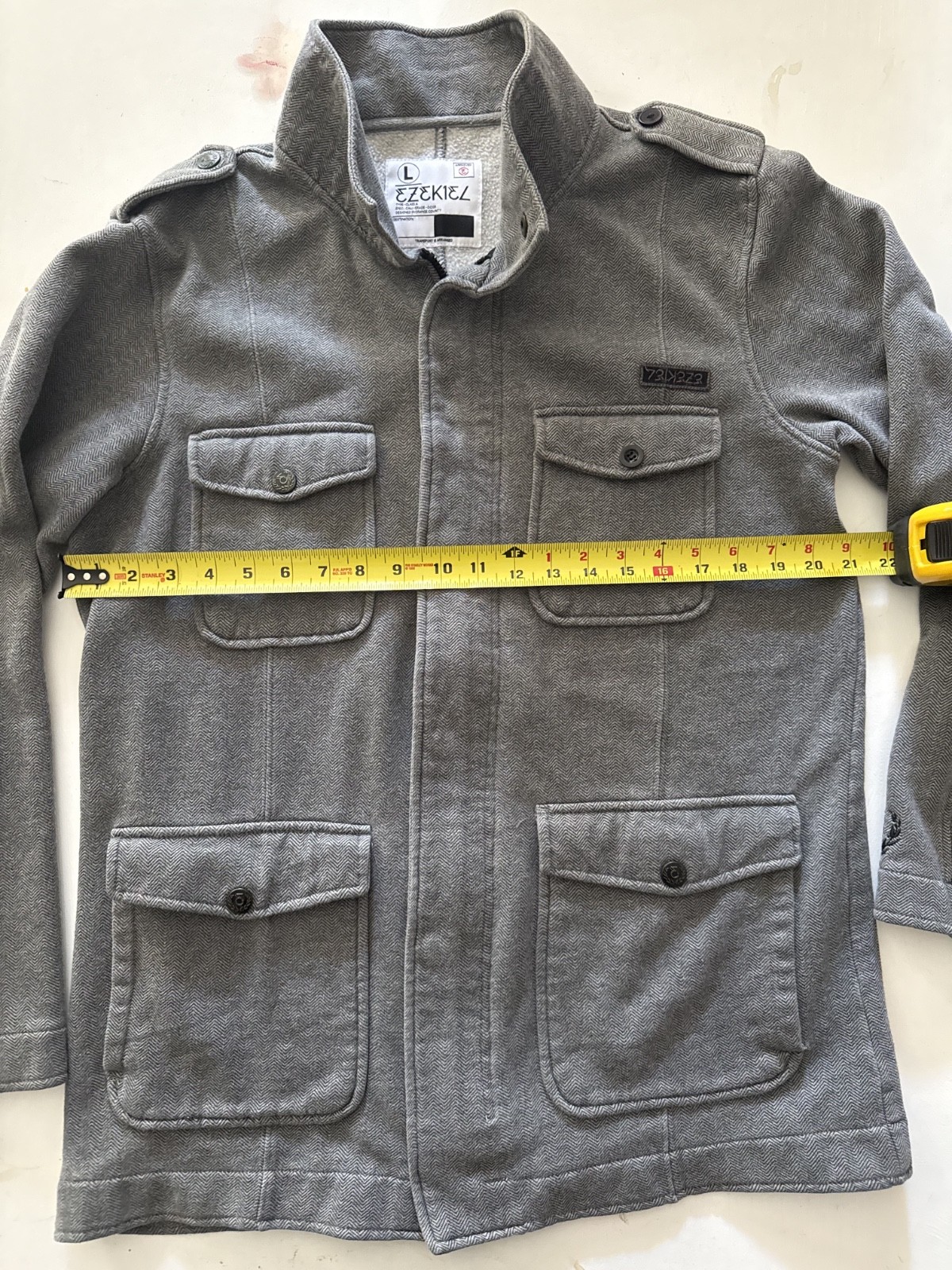 Ezekiel Gray Herringbone Military Field Jacket Size L Full Zip Button Coat