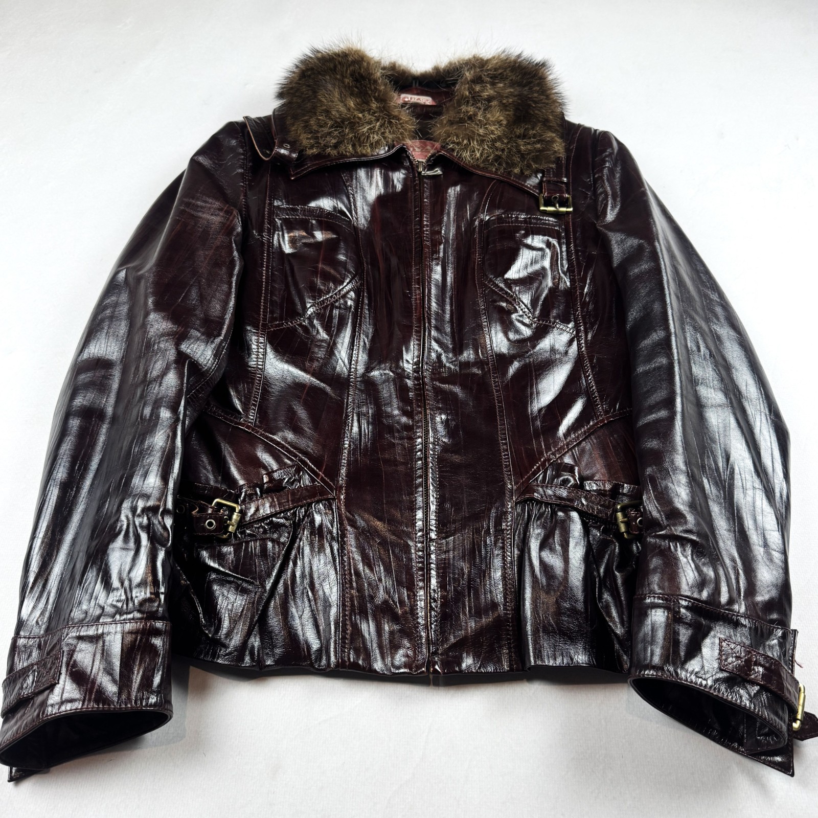 Womens Vintage Brown Leather Jacket Fur Collar Buckle Pocket Biker Moto Style