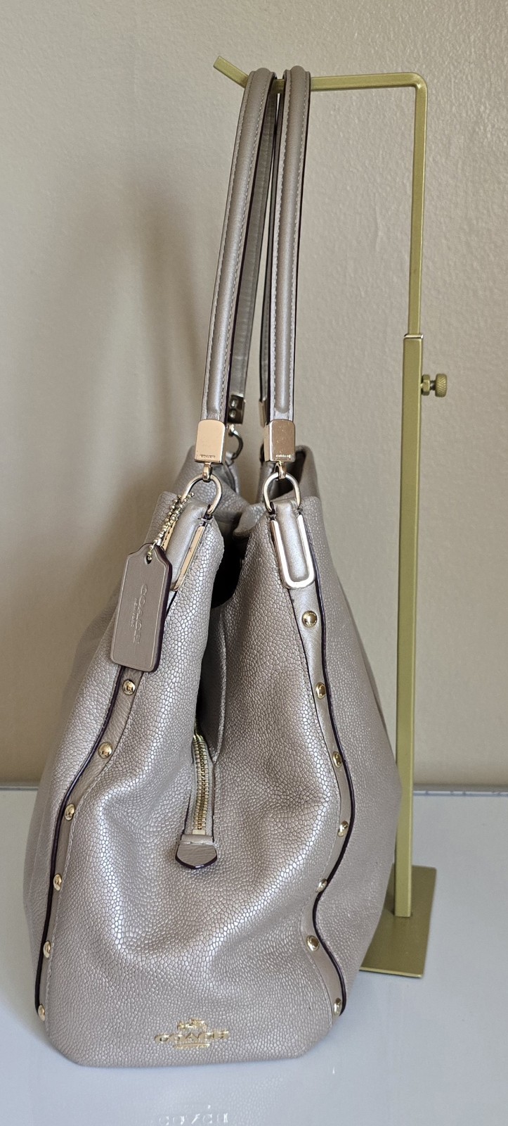 Coach Phoebe Champagne Metallic Pebbled Leather Hobo Shoulder Bag Studded